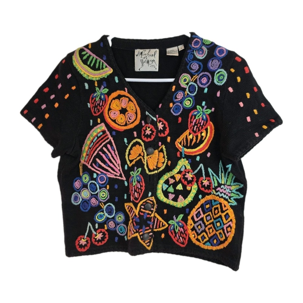 Vintage Michael Simon Sweater Womens S Black Embroidered Fruit Ramie Cotton